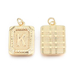 Brass Pendants, with Jump Rings, Cadmium Free & Nickel Free & Lead Free, Rectangle with Letter, Real 18K Gold Plated, Letter.K, 22.5x16x2mm, Jump Ring: 5x1mm, 3mm inner diameter(KK-N232-512K)