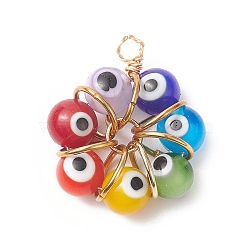 7 Chakra Handmade Evil Eye Lampwork Pendants, Copper Wire Wrapped Charms, Light Gold, 29.5x25x10mm, Hole: 2.8mm(PALLOY-JF01997-01)