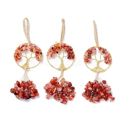 Wire Wrapped Chips Natural Red Agate Big Pendant Decorations, with Brass Wires and Nylon Cord, Flat Round with Tree of Life, Cadmium Free & Lead Free, 170mm(HJEW-H057-03A)