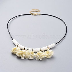 Cowhide Leather Cord Bib Necklaces, with Polymer Clay Heishi Beads, Acrylic Cloth Pendant, 304 Stainless Steel Twisted Extender Chains and Lobster Claw Clasps, Flower, Cornsilk, 18.1 inch(46cm)(NJEW-JN02590-01)
