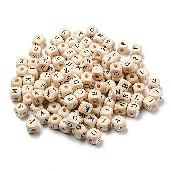 Natural Wood Beads, Horizontal Hole, Undyed, Cube, Letter, 10x10x10mm, Hole: 3.5mm, about 2000pcs/1000g
