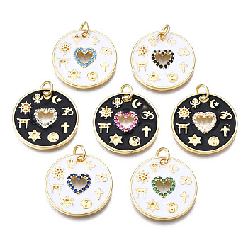 Brass Micro Pave Cubic Zirconia Enamel Pendants, with Jump Rings, Cadmium Free & Nickel Free & Lead Free, Real 16K Gold Plated, Flat Round with Heart, Mixed Color, 20x20x2mm, Jump Ring: 5x1mm, 3mm inner diameter