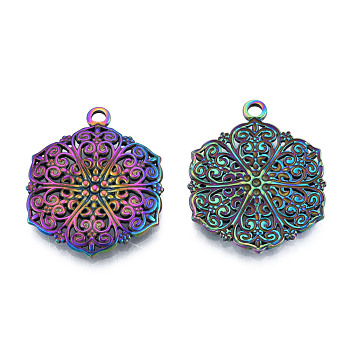 Ion Plating(IP) 201 Stainless Steel Pendants, Hexagon with Flower, Rainbow Color, 28.5x23x2.5mm, Hole: 2mm