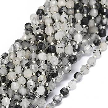 Natural Black Rutilated Quartz Beads Strands, with Seed Beads, Faceted, Bicone, Double Terminated Point Prism Beads, 5~7x6mm, Hole: 0.8mm, about 48pcs/strand, 15.55 inch(39.5cm)