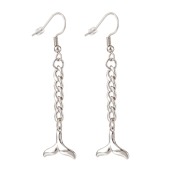 Curb Chains with Brass Charm Long Dangle Earrings, 304 Stainless Steel Jewelry for Women, Whale Tail Pattern, 53mm, Pin: 0.7mm, Pendant:12x14x2mm