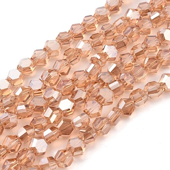 Electroplate Glass Beads Strands, Full Rainbow Plated, Faceted, Hexagon, Dark Orange, 6x7x4mm, Hole: 1.2mm, about 100pcs/strand, 20.87 inch(53cm)