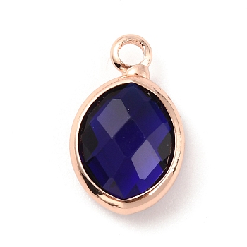 Faceted Glass Pendants, with Rose Gold Brass Findings, September Birthstone Charms, Oval, Dark Blue, Rose Gold, 13x8x4mm, Hole: 1.8mm