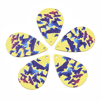 Spray Painted Iron Pendants, Rubberized Style, 3D Printed, Butterfly Print Pattern, Teardrop, Yellow, 27.5x18x0.7mm, Hole: 1.2mm
