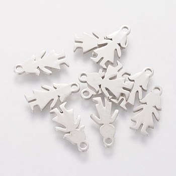 304 Stainless Steel Charms, Girl Silhouette Charms, Stainless Steel Color, 14x7.2x1mm, Hole: 1.5mm