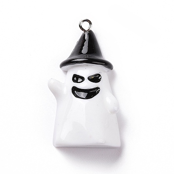 Halloween Opaque Resin Pendants, Ghost Charms, with Platinum Tone Iron Loops, White, 36.5x25.5x12mm, Hole: 2mm