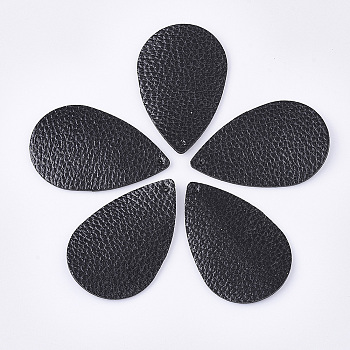 PU Leather Pendants, Teardrop, Black, 57x37x1.8mm, Hole: 1.2mm