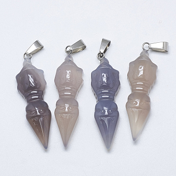 Natural Grey Agate Pendants, with Stainless Steel Snap On Bailss, Platinum, 45~45.5x12.5~13x8~9mm, Hole: 7.5x4mm