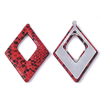 Imitation Leather Big Pendants, with Aluminum Bottom, Rhombus, Platinum, Red, 54x37.5x4mm, Hole: 1.2mm