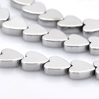 Non-magnetic Synthetic Hematite Heart Beads Strands, Silver Plated, 6x6mm, Hole: 1mm, about 75pcs/strand, 17.7 inch