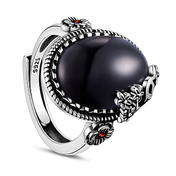 SHEGRACE Adjustable 925 Sterling Silver Finger Ring, with Black Corundum, Flower, Size 9, Black, 19mm