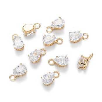 Brass Clear Cubic Zirconia Charms, Long-Lasting Plated, Teardrop, Real 18k Gold Plated, 9.5x5x4.5mm, Hole: 2mm