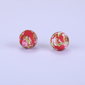 Printed Round with Flower Pattern Silicone Focal Beads, Coral, 15x15mm, Hole: 2mm