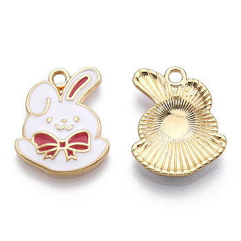 Eco-Friendly Zinc Alloy Pendants, with Enamel, Cadmium Free & Nickel Free & Lead Free, Rabbit with Bowknot, Light Gold, Pale Violet Red, 20x15x2.5mm, Hole: 2mm