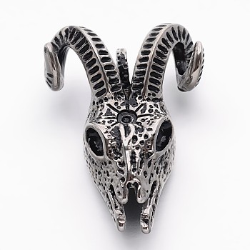 Retro 304 Stainless Steel Goat Skull Pendants, Antique Silver, 49x35x22mm, Hole: 7mm