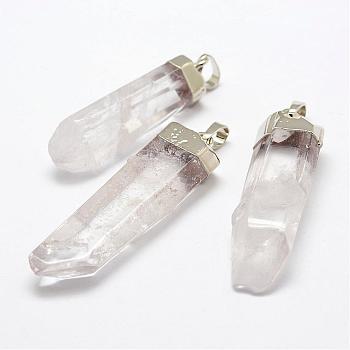 Natural Quartz Crystal Pendants, with Brass Findings, Faceted, Polishing, Nuggets, Platinum, 48.5~66x10~17x9.5~13mm, Hole: 5x8mm