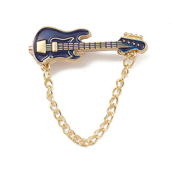 Alloy Enamel Brooch, Guitar Pin with Chain, Prussian Blue, 37mm