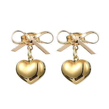 Brass Bowknot with 304 Stainless Steel Heart Dangle Stud Dangle Earrings, Golden, 19x14mm