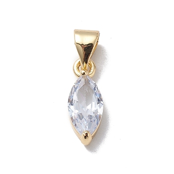 Brass Cubic Zirconia Charms, Cadmium Free & Lead Free, Real 18K Gold Plated, Long-Lasting Plated, Leaf Charm, Clear, 13.5x6x4mm, Hole: 5x3mm