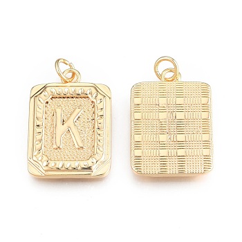 Brass Pendants, with Jump Rings, Cadmium Free & Nickel Free & Lead Free, Rectangle with Letter, Real 18K Gold Plated, Letter.K, 22.5x16x2mm, Jump Ring: 5x1mm, 3mm inner diameter