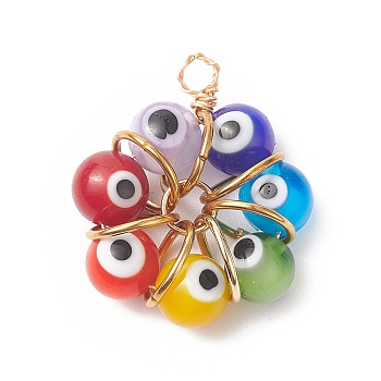 7 Chakra Handmade Evil Eye Lampwork Pendants, Copper Wire Wrapped Charms, Light Gold, 29.5x25x10mm, Hole: 2.8mm