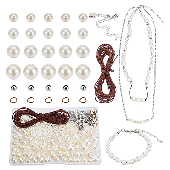 Elite DIY Imitation Pearl Bracelet Necklace Making Kit, Including ABS Plastic & Stainless Steel Beads, Cowhide Leather Cord, WhiteSmoke, Beads: 170Pcs/box