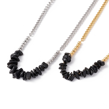 Natural Black Agate Chips Pendant Necklace, 304 Stainless Steel Jewelry for Women, 17.72~17.91 inch(45~45.5cm)