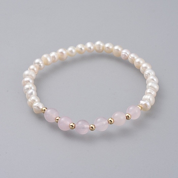 Stretch Bracelets, with Natural Freshwater Pearl Beads, Natural Rose Quartz Beads and Real 18K Gold Plated Brass Beads, 2-1/4 inch(5.85cm)