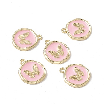 Alloy Enamel Pendants, Light Gold, Flat Round with Butterfly, Pearl Pink, 21x18x2mm, Hole: 1.7mm