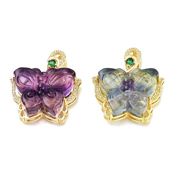 Carved Natural Fluorite Pendants, with Brass Settings, Butterfly, Golden, 28x30x10.5mm, Hole: 4x3.5mm
