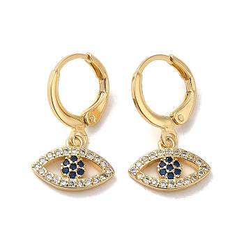 Horse Eye Brass Dangle Leverback Earrings, with Cubic Zirconia, Real 18K Gold Plated, 22x12.5mm