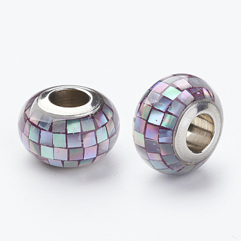 304 Stainless Steel Resin European Beads, with Shell and Enamel, Rondelle, Large Hole Beads, Lilac, 12x8mm, Hole: 5mm