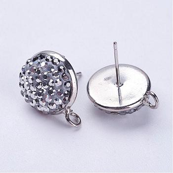 Brass Stud Earring Findings, with Loop, with Grade A Rhinestones, Flat Round, Platinum, 17mm, Hole: 2mm, Pin: 0.5mm