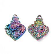 Ion Plating(IP) 304 Stainless Steel Pendants, Heart Bottle with Flower Charm, Rainbow Color, 28x20.5x2.5mm, Hole: 3mm(STAS-B031-08R)