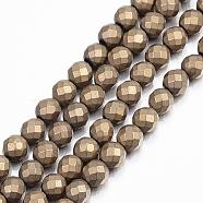 Electroplate Non-magnetic Synthetic Hematite Beads Strands, Faceted, Frosted, Round, Grade A, Light Gold Plated, 4mm, Hole: 1mm, about 100pcs/strand, 16 inch(G-J169C-4mm-02)