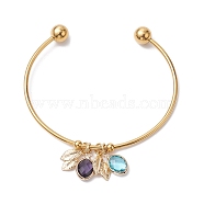 304 Stainless Steel Cuff Bangles with Brass Leaf Charms, Golden, Inner Diameter: 2-1/2 inch(6.3cm)(BJEW-JB10173)