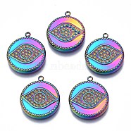 Rainbow Color 304 Stainless Steel Pendant Rhinestone Settings, Cadmium Free & Nickel Free & Lead Free, Flat Round with Eye, Fit For 0.8mm Rhinestone, 18.5x16x2mm, Hole: 1.4mm(STAS-S119-093)