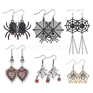 6 Pairs 6 Styles Halloween Spider Web & Heart with Evil Eye Alloy Enamel Dangle Earrings for Women, Mixed Color, 44~115mm, Pin: 0.8mm, 1 Pair/style(EJEW-SC0001-37)