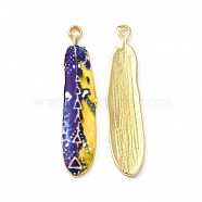 Rack Plating Alloy Pendants, Printed, Lead Free & Cadmium Free & Nickel Free, Feather Charm, Light Gold, Slate Blue, 36.5x8x1.5mm, Hole: 1.8mm(FIND-H043-02LG-02)
