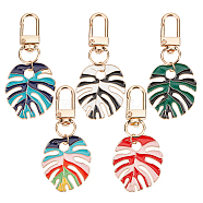 5Pcs 5 Colors Monstera Leaf Enamel Pendant Decorations, with Light Gold Tone Alloy Clasp, Mixed Color, 67mm, Monstera Leaf: 35x30x1.5mm, 1pc/color(KEYC-AR0001-24)