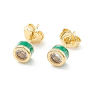 Column Cubic Zirconia Stud Earrings with Enamel, Real 18K Gold Plated Brass Earrings for Women, Cadmium Free & Nickel Free & Lead Free, Sea Green, 14.5x5mm, Pin: 0.6mm(EJEW-P196-02G-04)