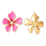304 Stainless Steel Enamel Pendants, with Rhinestones, Real 18K Gold Plated, Flower Charm, Hot Pink, 37.5x33x3mm, Hole: 1.4mm(STAS-K256-15G-01)
