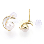 Crescent Moon Natural White Shell & Pearl Stud Earrings, Brass Earring with 925 Sterling Silver Pins, Real 18K Gold Plated, 10x9mm, Pin: 12x0.8mm(PEAR-N020-05N)