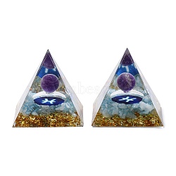 Resin Orgonite Pyramid Home Display Decorations, with Natural Amethyst/Natural Gemstone Chips, Constellation, Pisces, 50x50x50mm(G-PW0004-57H)