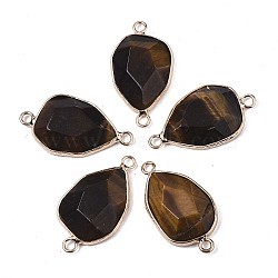 Natural Tiger Eye Links Connectors, with Edge Light Gold Plated Brass Findings, Faceted, Teardrop, 37x17x6mm, Hole: 2.5mm(G-S359-097)