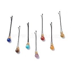 Eco-Friendly Copper Wire Wrapped Round Gemstone Hair Bobby Pin, with Stainless Steel Findings, Light Gold, 60x1x8.5mm, 7pcs/set(OHAR-JH00025-01)